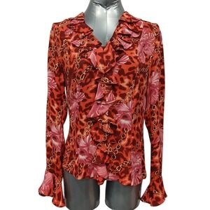 Vintage Silk Gallia Leopard Floral Chain Print‎ Ruffle V Neck Button Blouse Sz 8